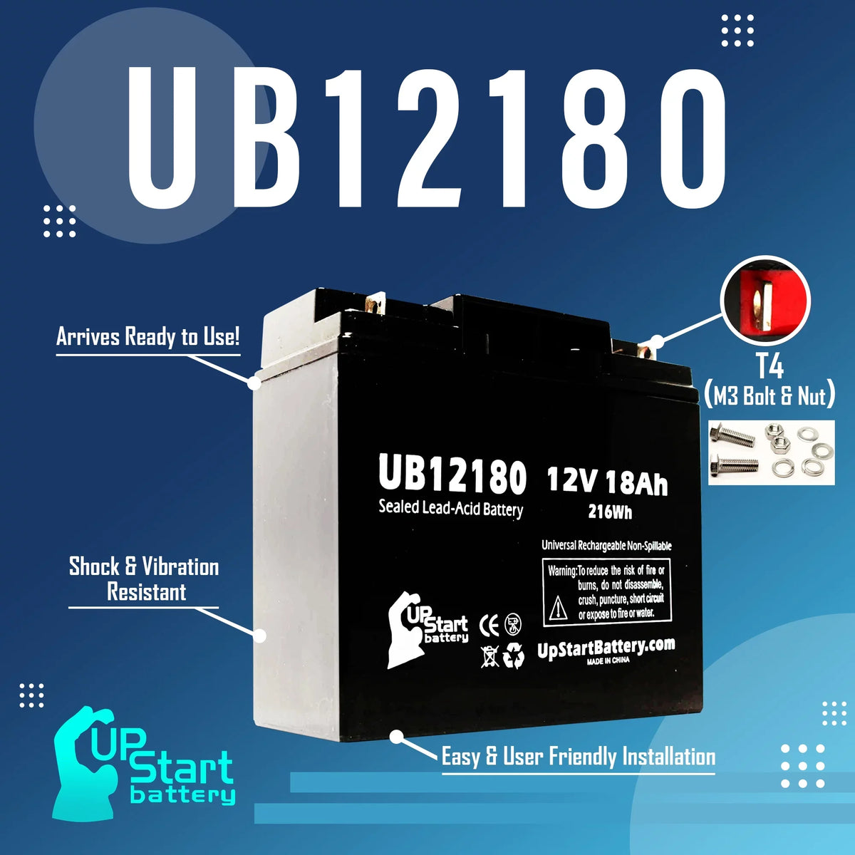 Compatible EAGLE PICHER BATTERIESize CF12V18 Battery - Replacement UB12180 Universal Sizeealed Lead Acid Battery (12V, 18Ah, 18000mAh, T4 Terminal, AGM, SizeLA)