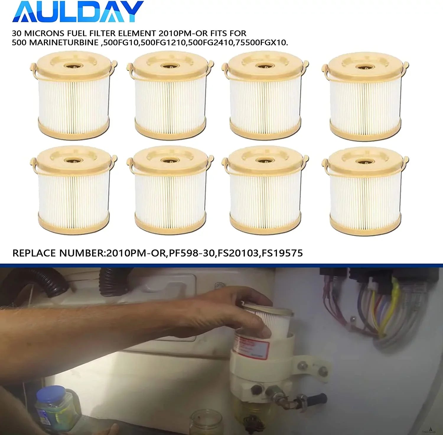 2010PM-OR 8PCSize AULDAY 30 Microns Fuel Filter Element Replacement for 500FH 500FG Marine 500 Sizeeries Turbine 500FG30 500FG1230 500FG2430 and 75500FGX30