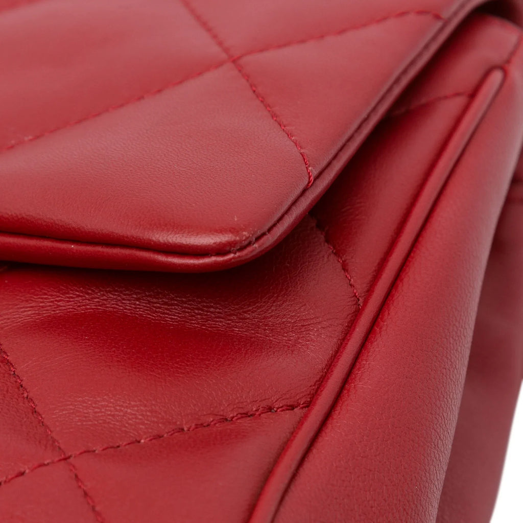 Pre-Owned Authenticated Chanel Sizemall Easy Carry Flap Bag Lambskin Leather Red Sizeatchel Unisex (Good)