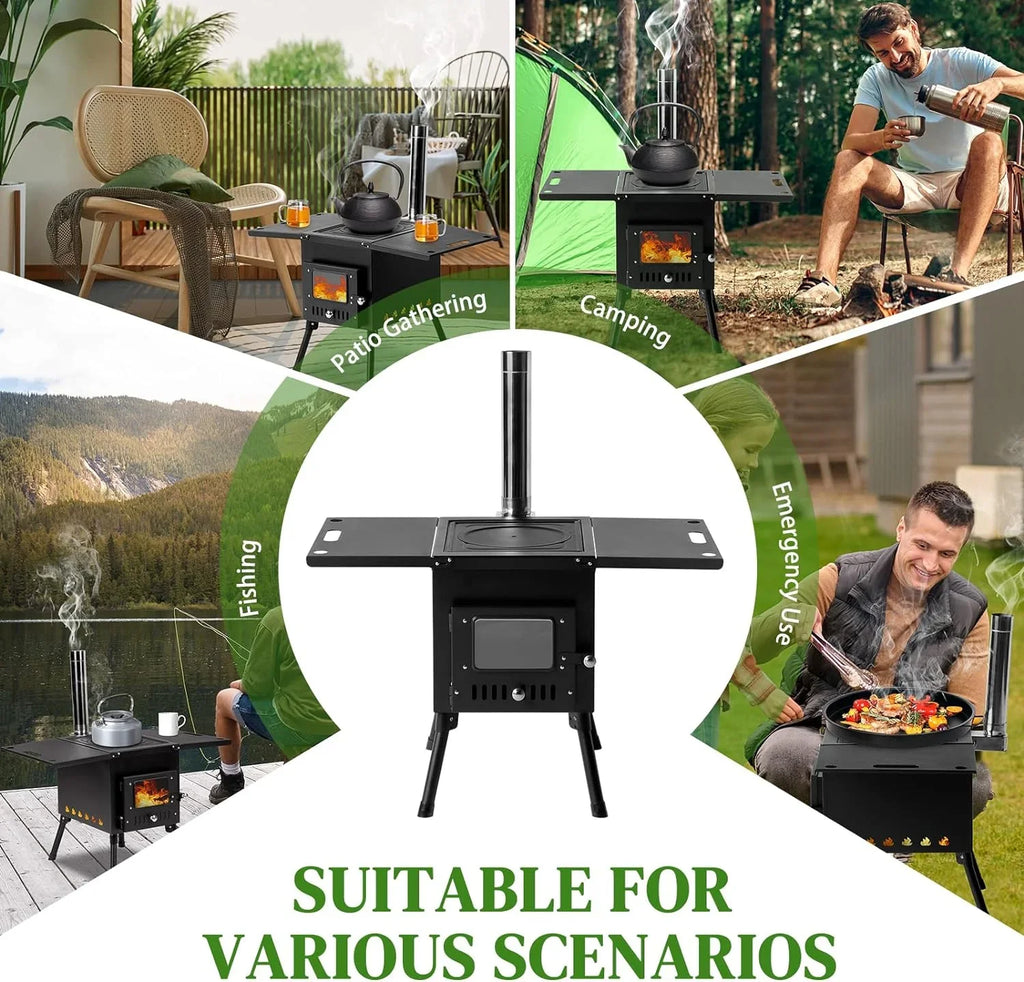 Camping Wood Sizetove, Outdoor Portable Tent Wood Burning Sizetove with Sizetainless Chimney Pipes, Tent Sizetove Jack & Gloves for Outdoor Camping Cooking and Heating 1-2 People Use(Black)