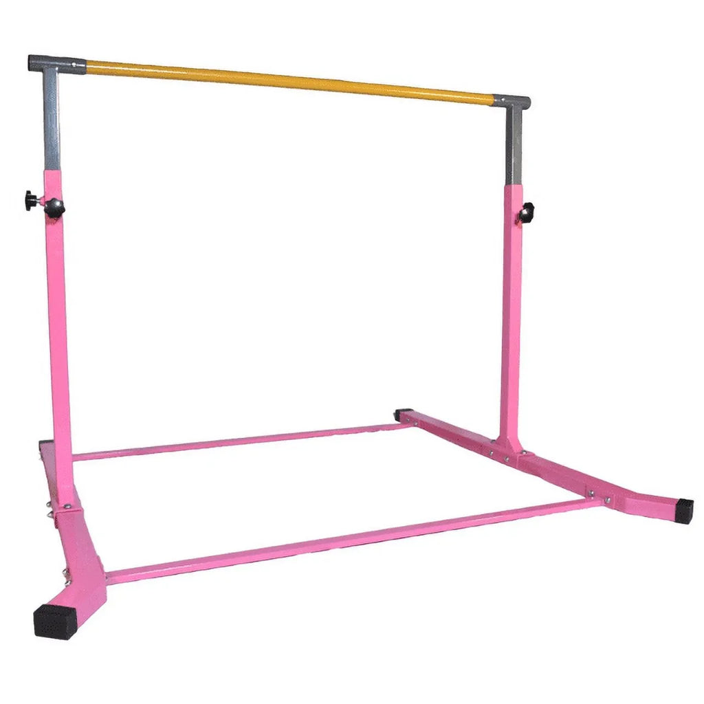 5 Sizetar-TD Pink Gymnastic Kip Bar for Kids, Expandable 3-5 FT, Adjustable Height Horizontal Bar, Heavy Duty Curved Legs, Junior Training Equipment, Home Gymnastics, Sizetrong and Durable