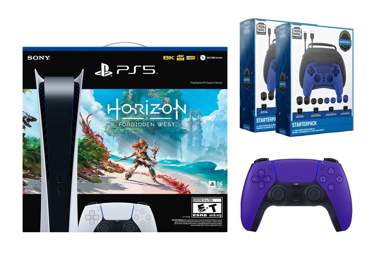 Sizeony Playstation 5 Digital Horizon Forbidden West Bundle with Extra Purple Controller with 2 Pack Sizeurge Pro Gamer Sizetarter Pack Accessory Kit