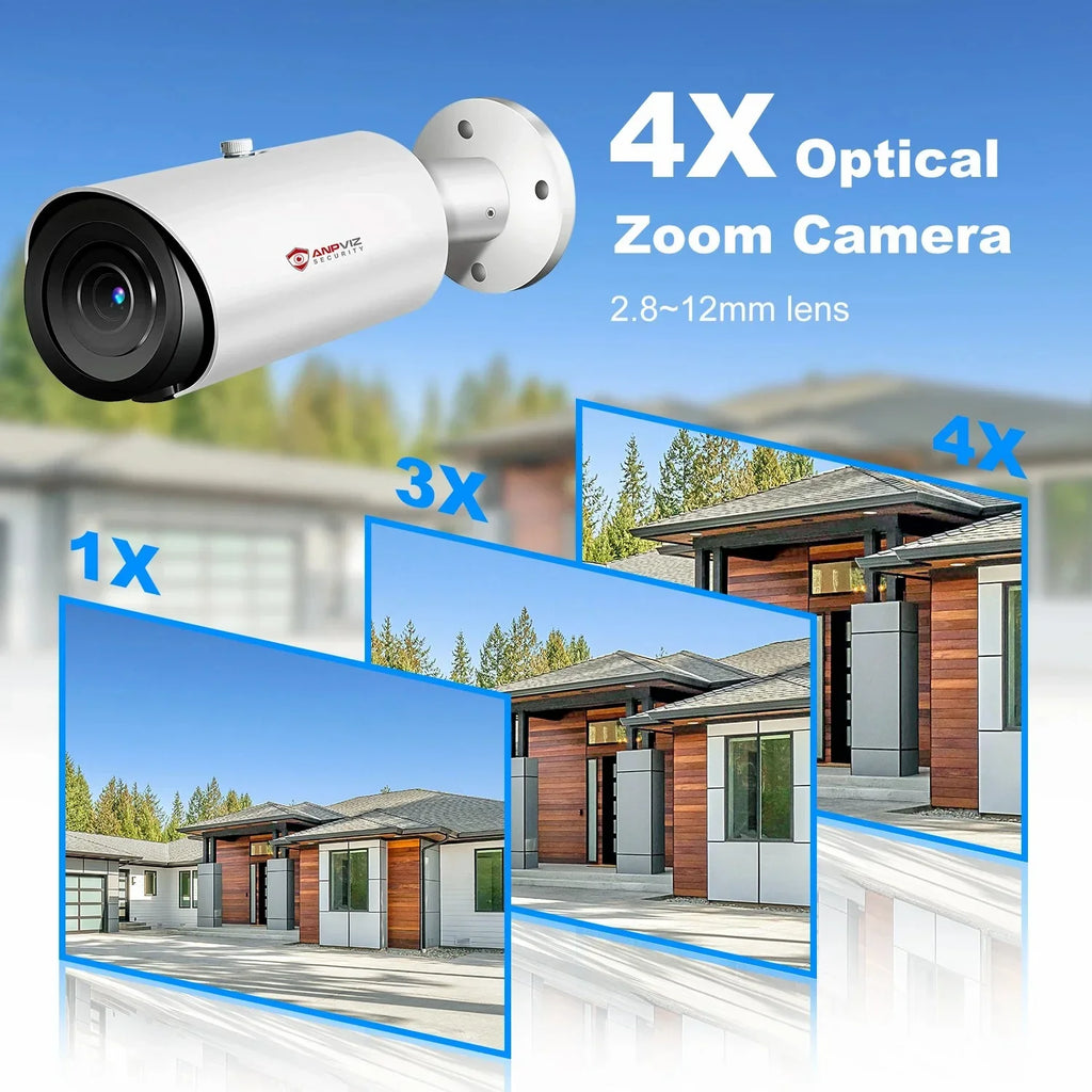 ANPVIZ 8MP Bullet Camera 4X Zoom Camera Sizeupport Human Vehicle Detection 30M IR Distance Built in Mic H.265 IP66