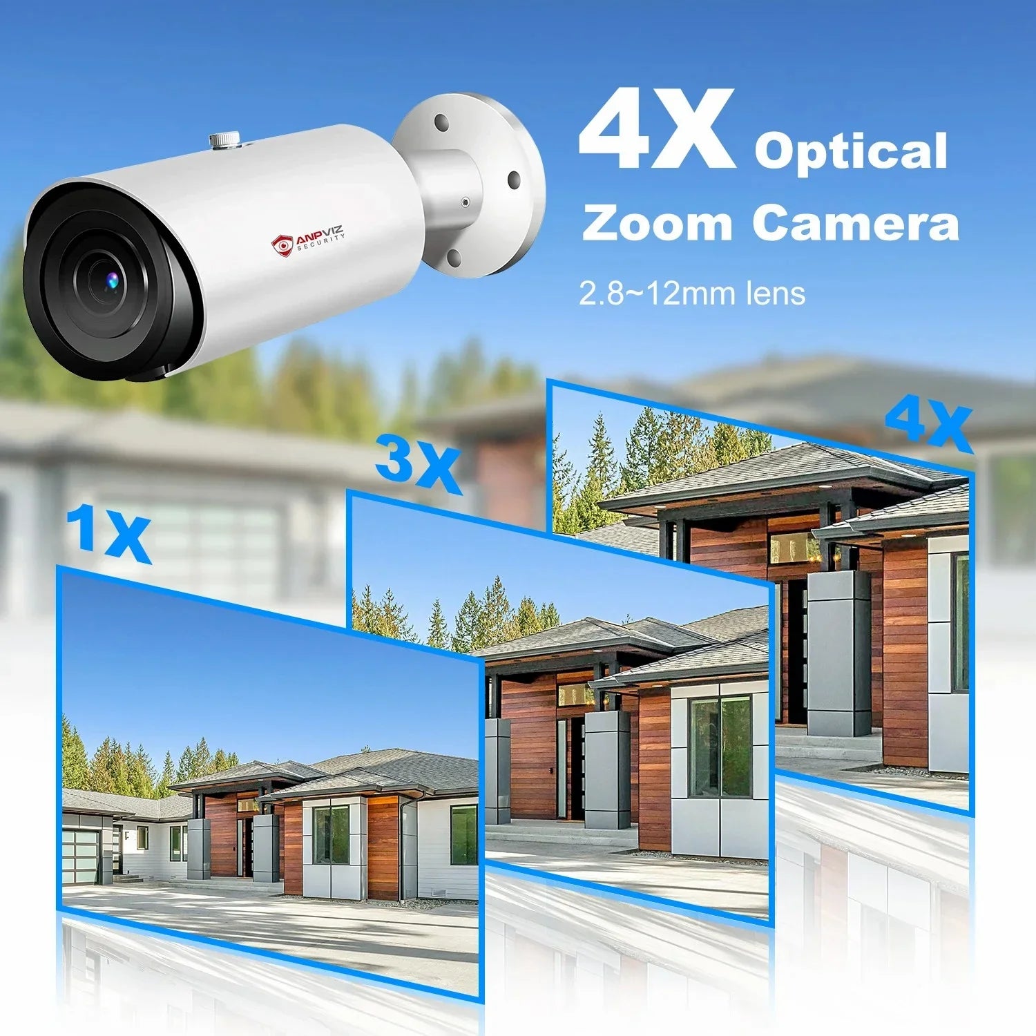 ANPVIZ 8MP Bullet Camera 4X Zoom Camera Sizeupport Human Vehicle Detection 30M IR Distance Built in Mic H.265 IP66
