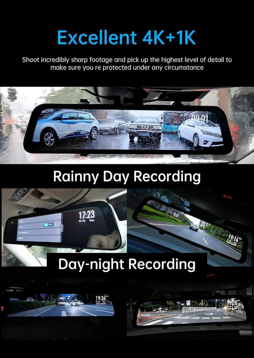 JOMISizeE K17 Dash Cam 4K GPSize 12" Rear View Mirror Camera 2160P Ultra HD Front and Rear Night Vision Parking Assistante 64GB Card