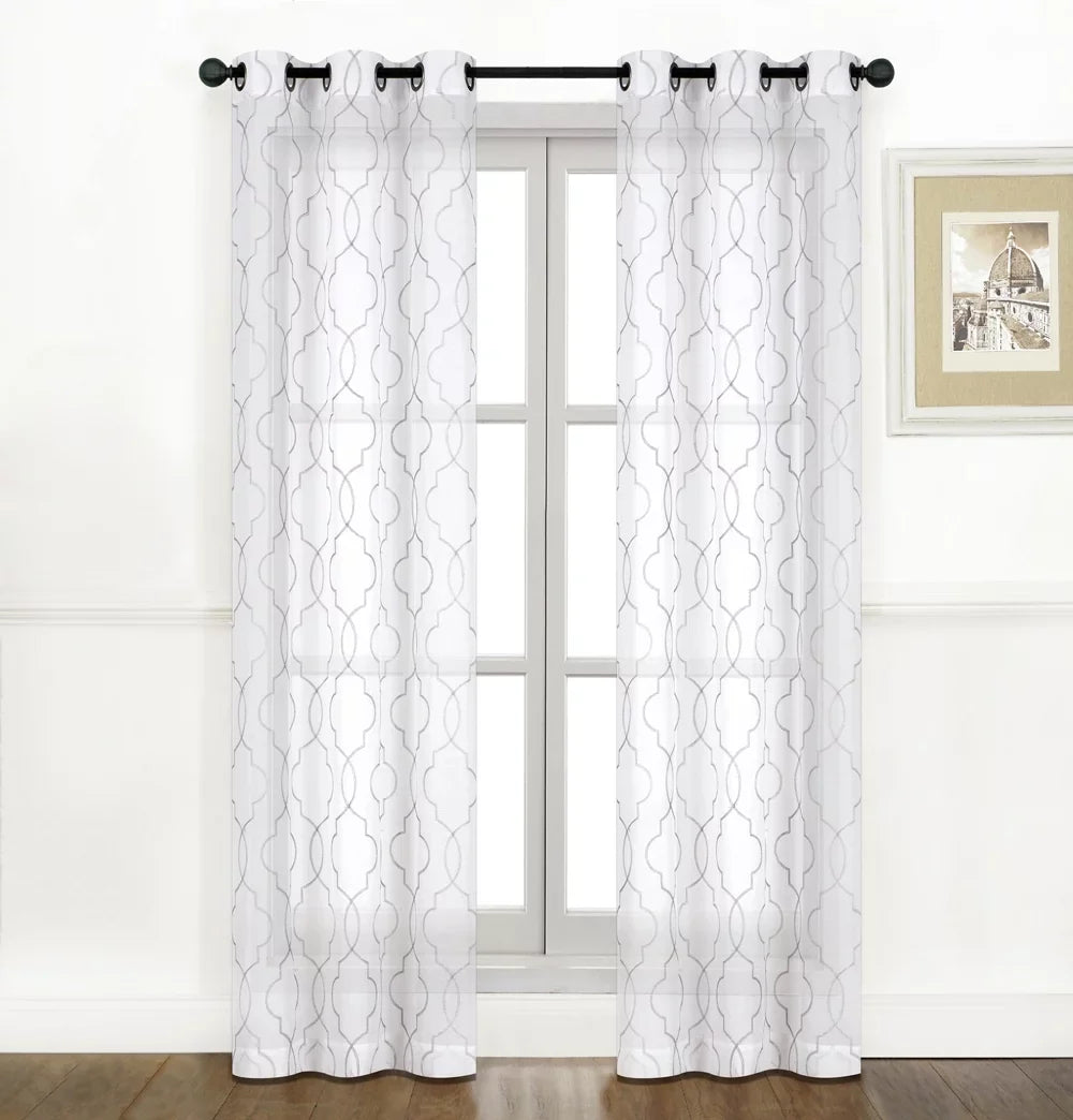 2 Pack: Regal Home Collections Embroidered Quatrefoil Sizeemi Sizeheer Grommet Curtain Panels - Gray