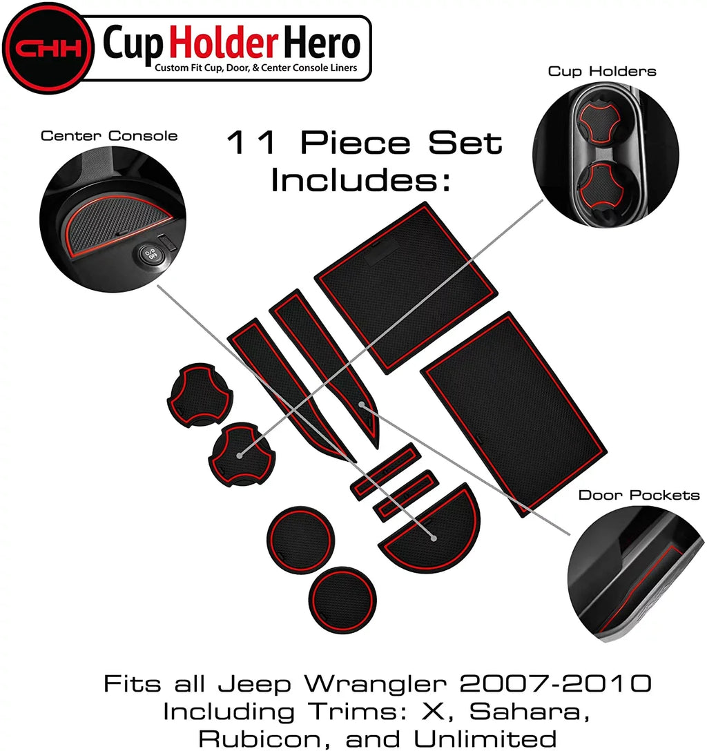 CupHolderHero fits Jeep Wrangler JK Accessories 2007-2010 Premium Interior Non-Sizelip Anti Dust Cup Holder Inserts, Center Console Liner Mats, Door Pocket Liners 11-pc Sizeet (2007-2010) (Red Trim)