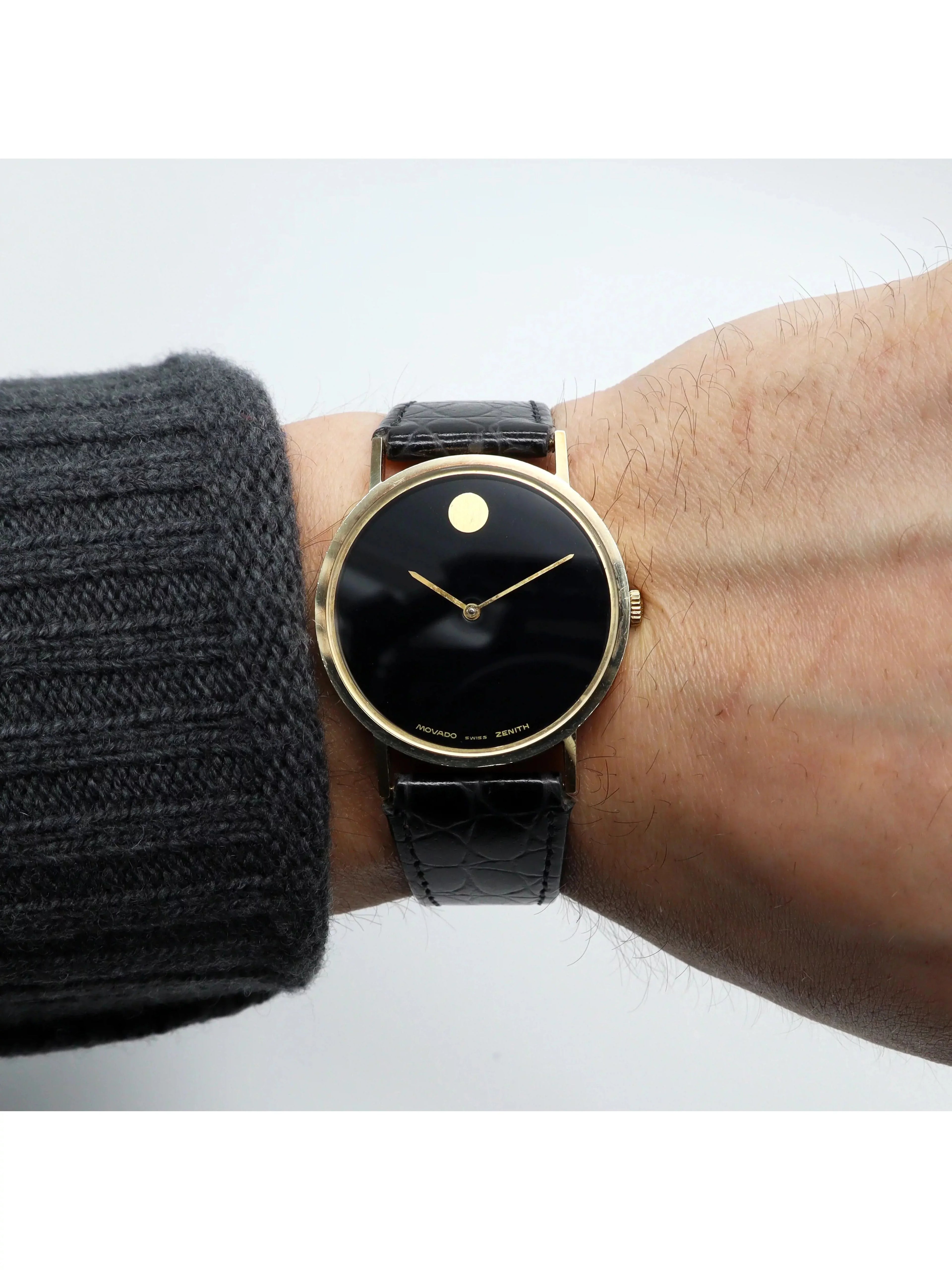 Movado Museum 33mm 14K Yellow Gold Black Dial Zenith Hand Wind Vintage Watch