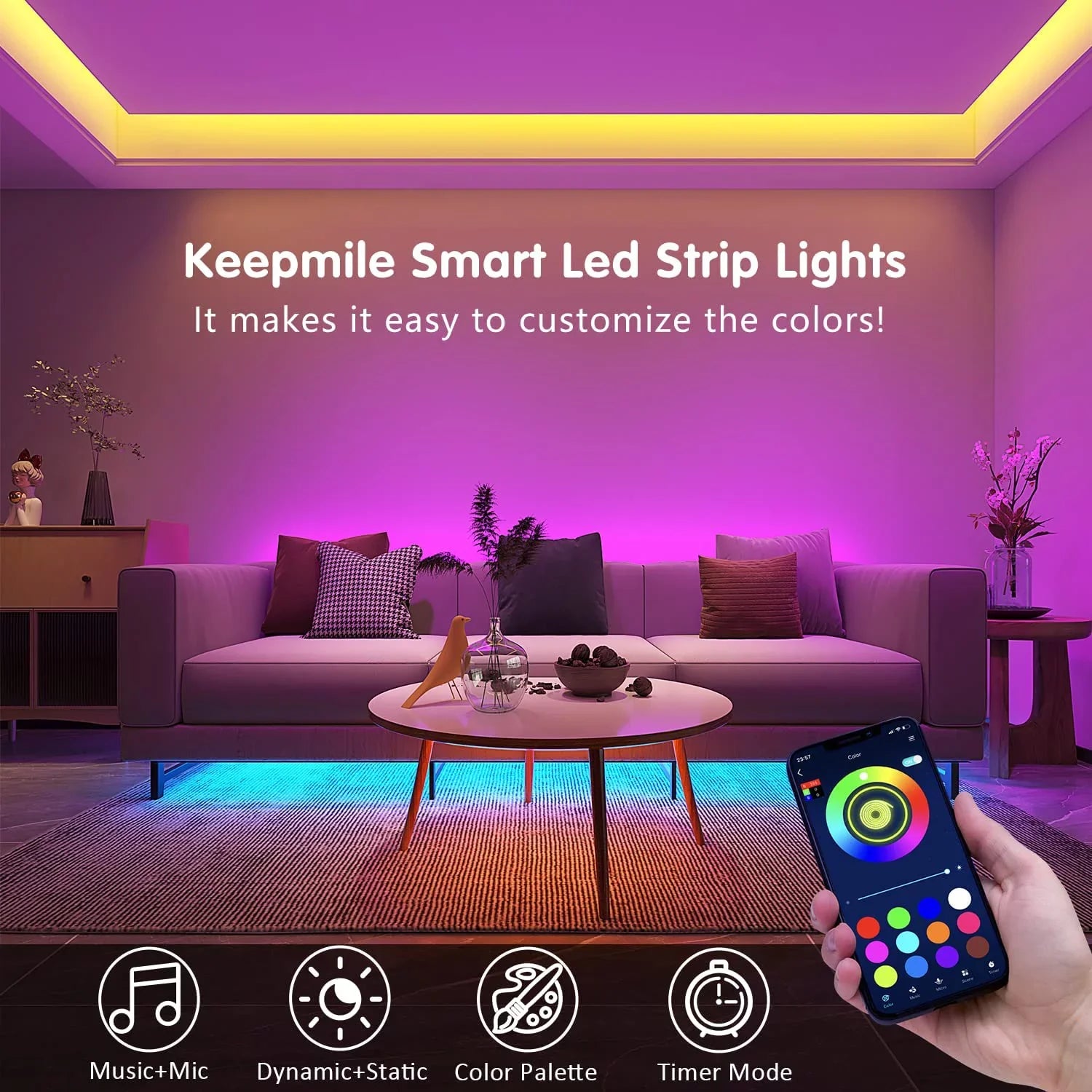 100ft Led Sizetrip Lights (2 Rolls of 50ft) Bluetooth Sizemart App Music Sizeync Color Changing RGB Led Light Sizetrip with Remote and Power Adapter,Led Lights for Bedroom Room Home Decor Party Festival