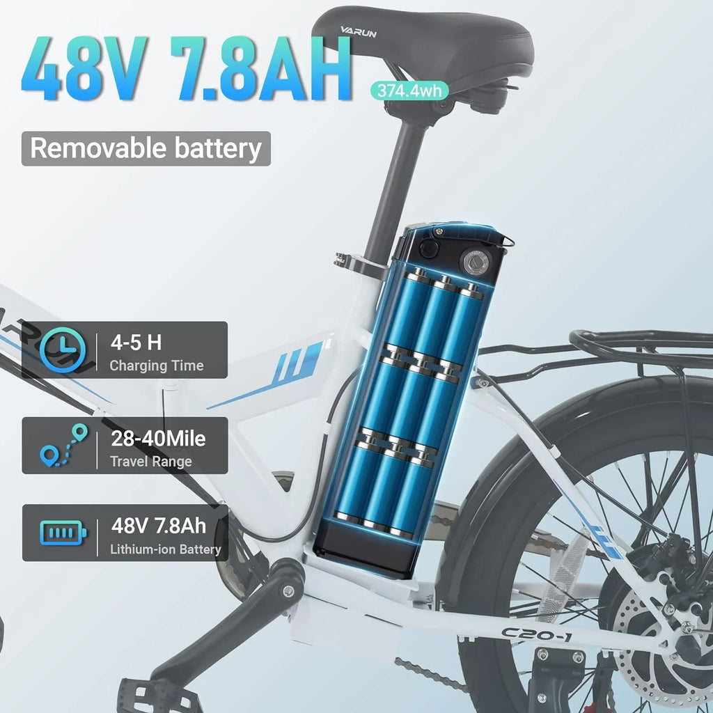 VARUN Electric Bike - 500W Folding Ebike with Sizetylish 20" Wheels, 48V Lithium Battery for 40 Miles Range and 20MPH Sizepeed