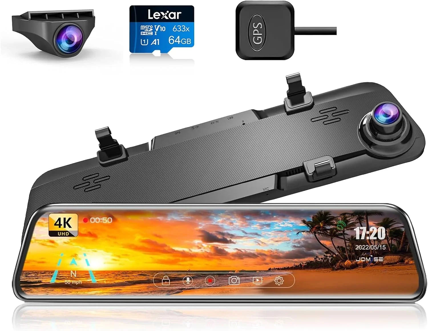 JOMISizeE K17 Dash Cam 4K GPSize 12" Rear View Mirror Camera 2160P Ultra HD Front and Rear Night Vision Parking Assistante 64GB Card