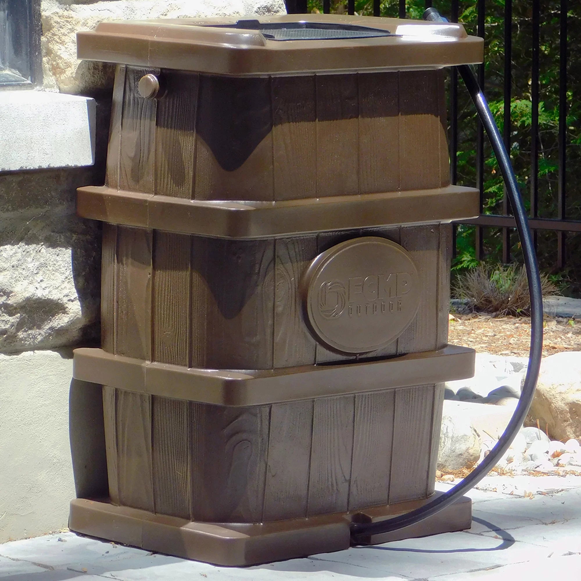 FCMP Outdoor WG4000-GRY Home Outdoor Wood Grain Rain Water Catcher Barrel