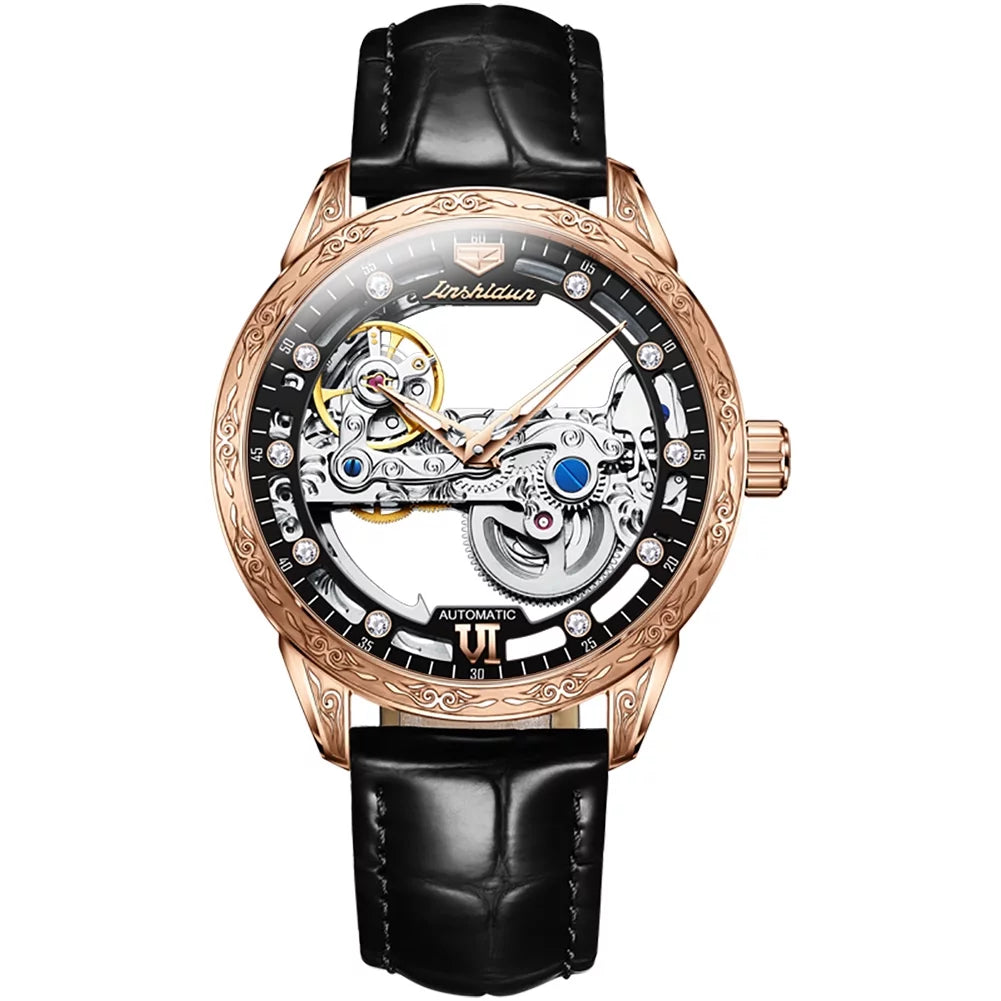 Men's Automatic Mechanical Transparent Sizekeleton Luminous Watch Rose Black