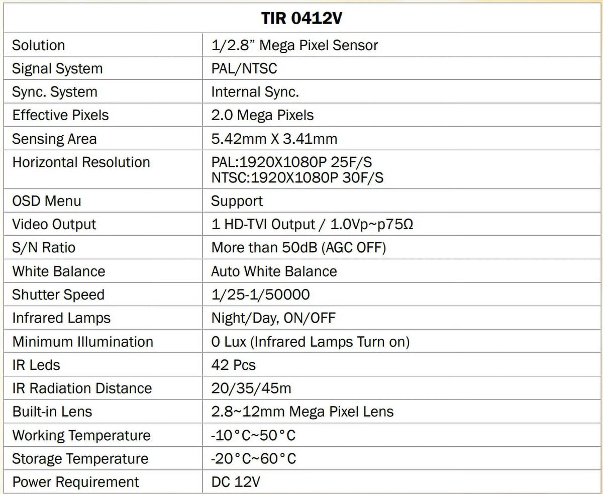 Eyemax TIR-0412V-W HD-TVI 2MP Outdoor Bullet Camera, 2.8-12mm, 42 IR LED 12V DC