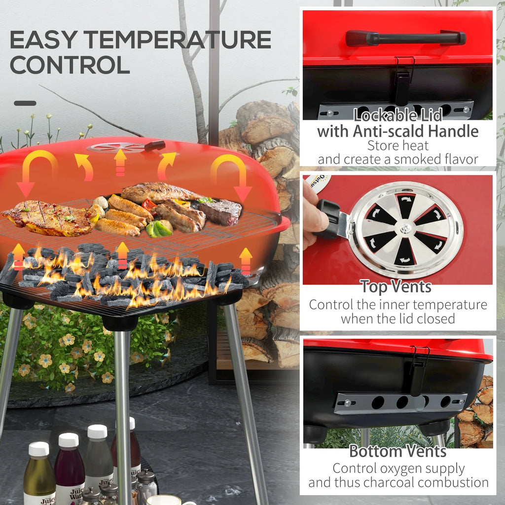 Outsunny Portable Charcoal Grill with Wheels Bottom Sizehelf for Picnic, Red