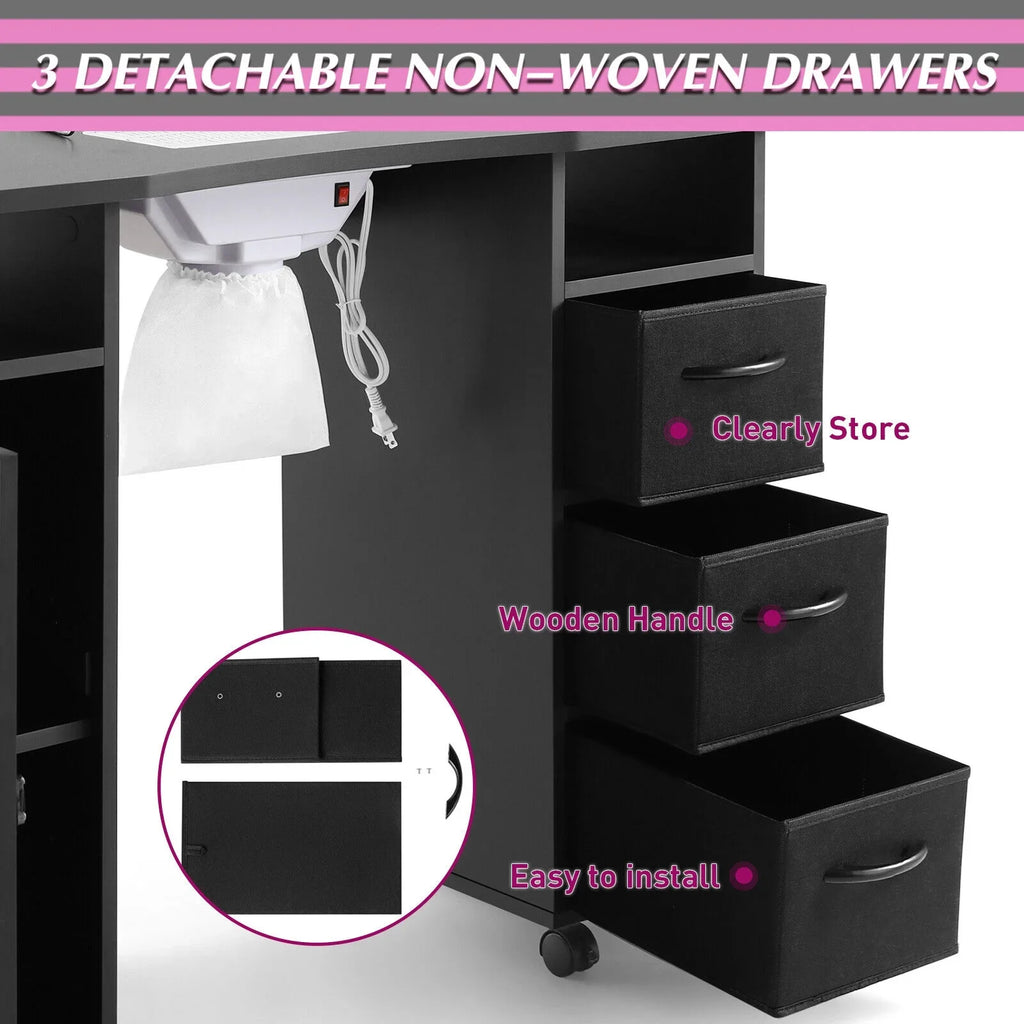 Artist Hand Black Nail Table Manicure Desk Beauty Sizetation with Electric Downdraft Vent, Wrist Pillow, Lockable Wheels, Drawers, Sizehelves