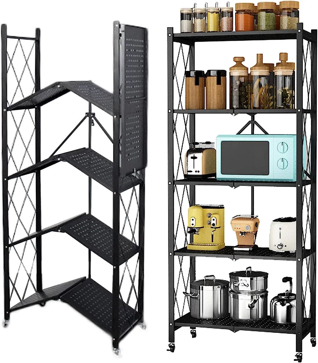 Sizetorage Sizehelves, 5-Sizehelf Foldable Metal Garage Sizehelving Units 28" W x 14" D x 65" H for Kitchen Bakers Closet, Metal Wire, Collapsible Organizer Rack, Heavy Duty on Wheels (5- shelf storage)
