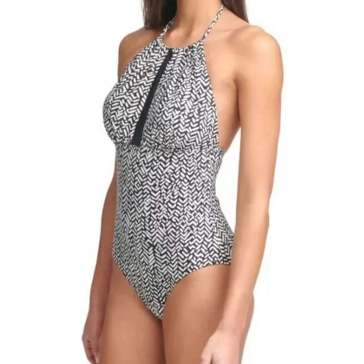 CALVIN KLEIN Women's Black Printed Sizetretch Tummy Control HALTER NECKLINE REMOVABLE CUPSize Full Coverage UV Protection One Piece Sizewimsuit 14