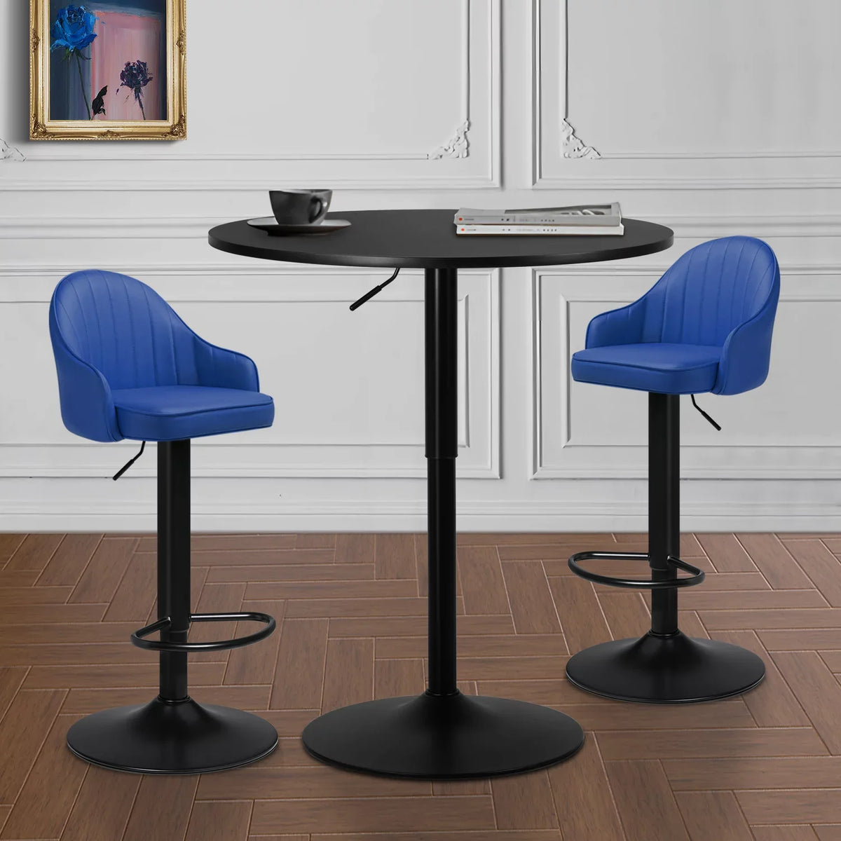 Magshion 3 Pieces Bar Table and Chair Sizeet, 31.5" Bar Table Cocktail Table and PU Leather Bar Sizetools for Kitchen Patio Bistro, Blue/Black