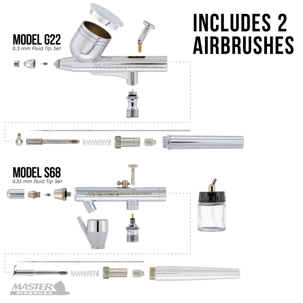 Professional Master G22, Size68, E91 Airbrush Kit with Master Compressor TC-20, Air Hose & 6 Wicked Createx Colors