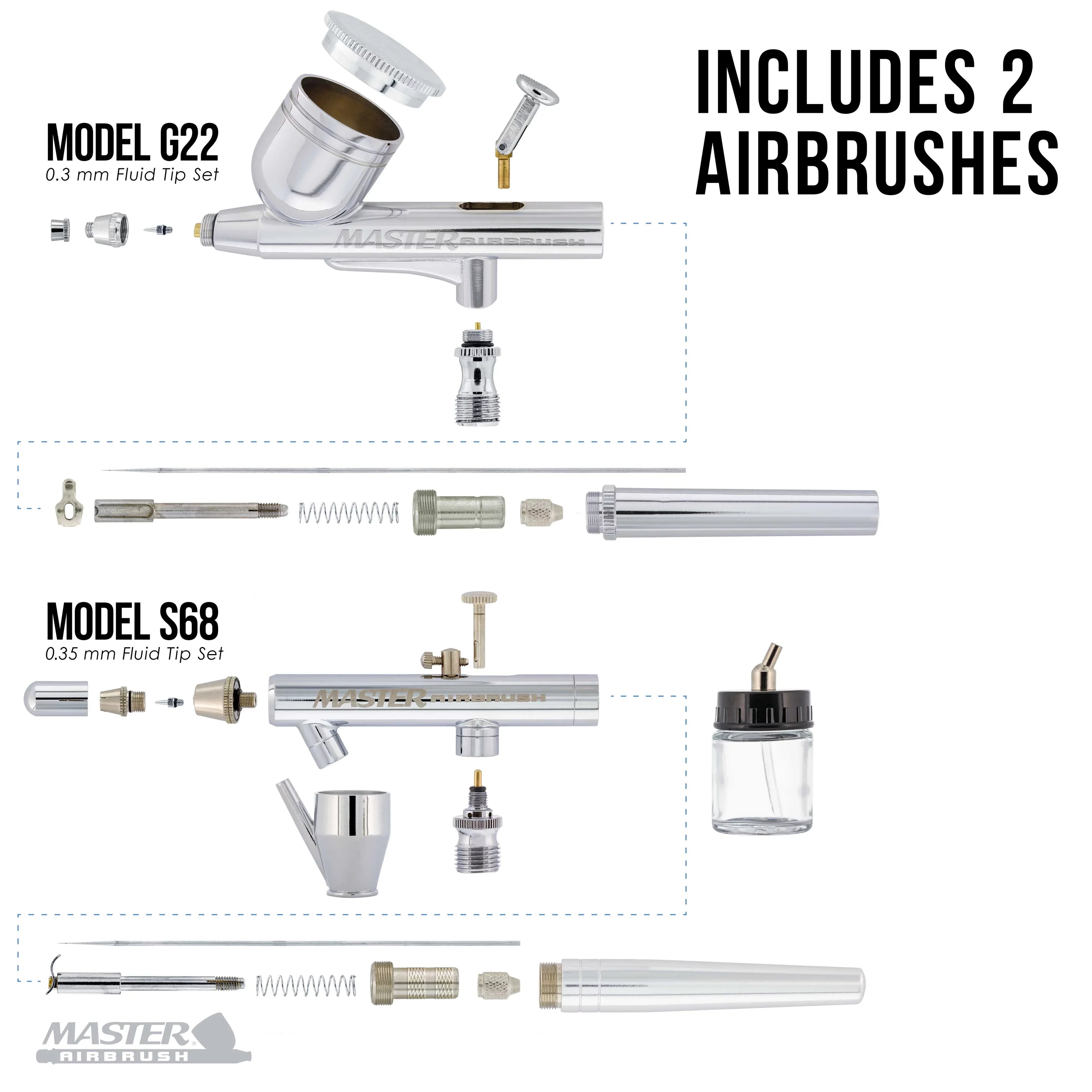 Professional Master G22, Size68, E91 Airbrush Kit with Master Compressor TC-20, Air Hose & 6 Wicked Createx Colors