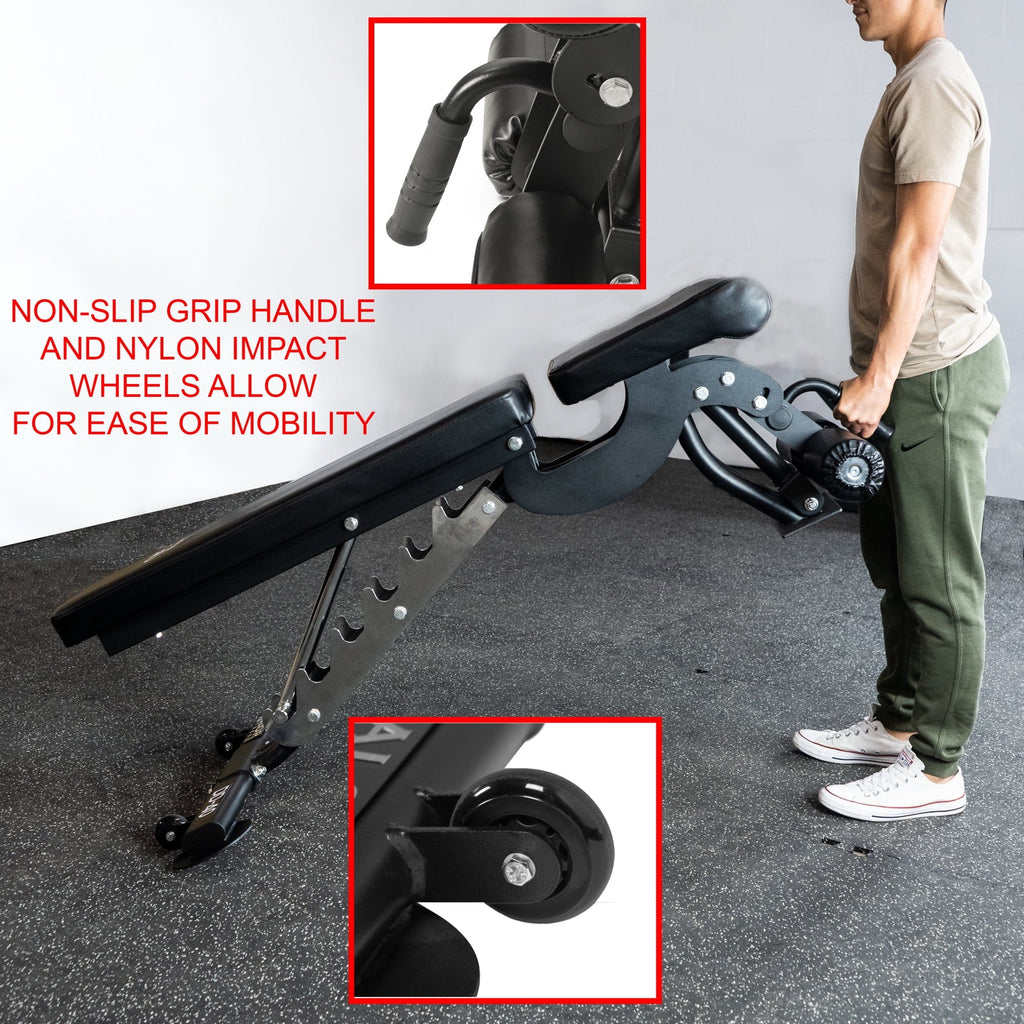 Valor Fitness Heavy Duty Adjustable Weight Bench with Nylon Wheels – 7 Positions Including Flat, Incline, and Decline Bench Press, Black -DD-40