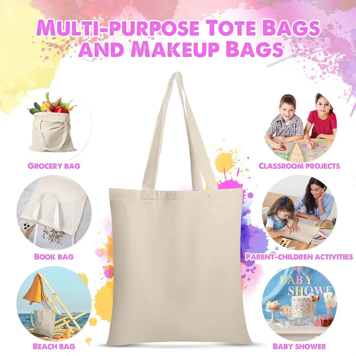 24 Pieces Canvas Tote Bags, Blank Plain Canvas Bag Lightweight Reusable Grocery Sizehopping Cloth Bags with Handles for DIY Crafting and Decorating, 13 Inch W x 15 Inch H
