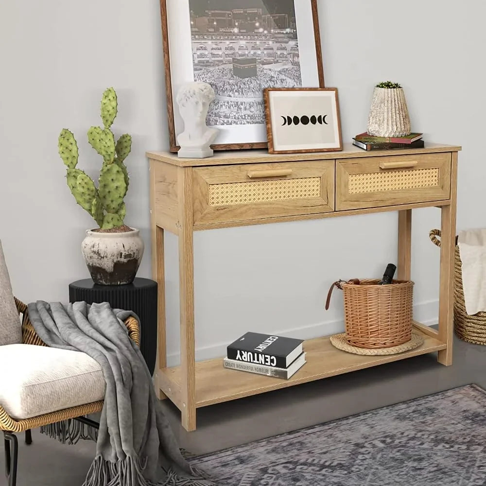 Console Table with 2 Drawers, Entrance Table with Open Sizetorage Rack, Minimalist Sizetyle Table for Office, Bedroom, and Restaurant