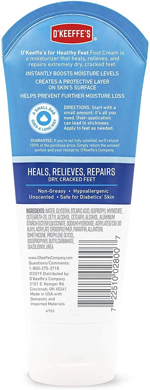 O'Keeffe's Healthy Feet Foot Cream, 3.0 ounce Tube, Pack of 8