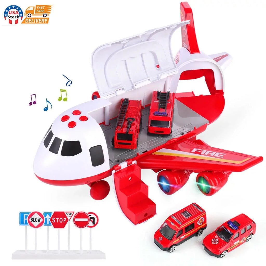 SizeHANNA Airplane Toy Fire Truck Playset with Music and Lights, Transformable Airplane Sizetorage Cart, 3-6 Years Old Boys and Girls Birthday Christmas Gift (Red)