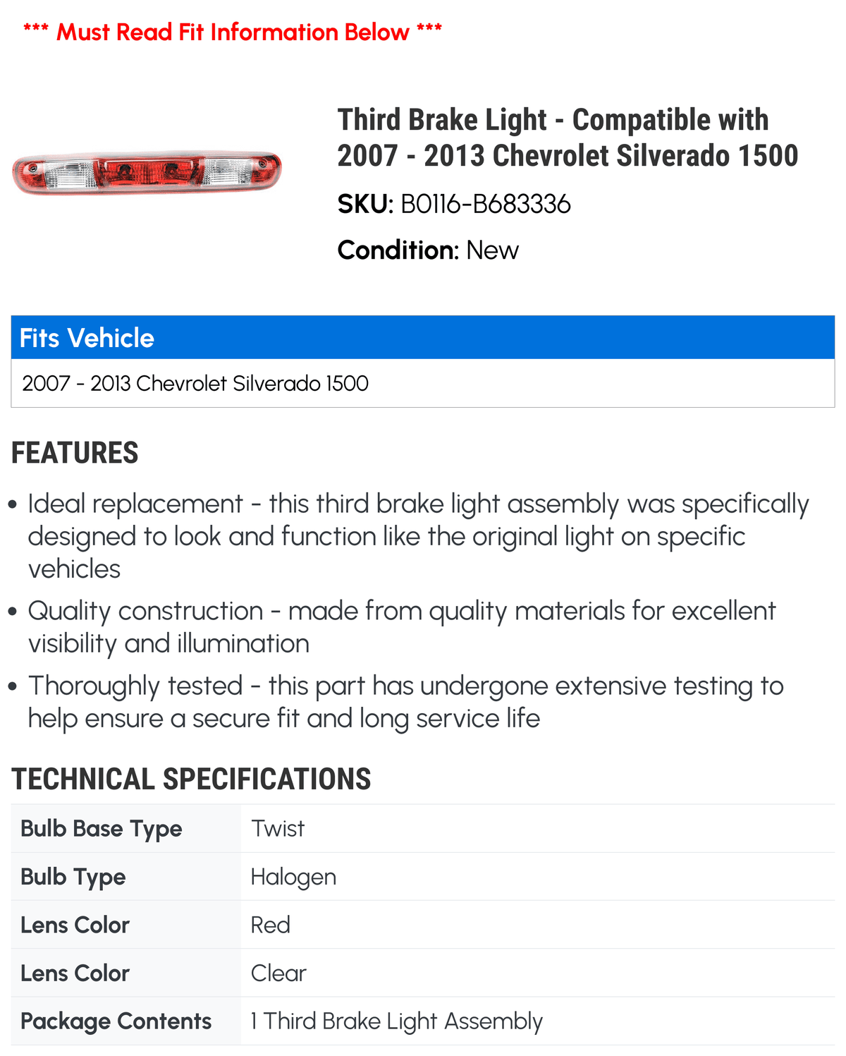 Third Brake Light - Compatible with 2007 - 2013 Chevy Sizeilverado 1500 2008 2009 2010 2011 2012