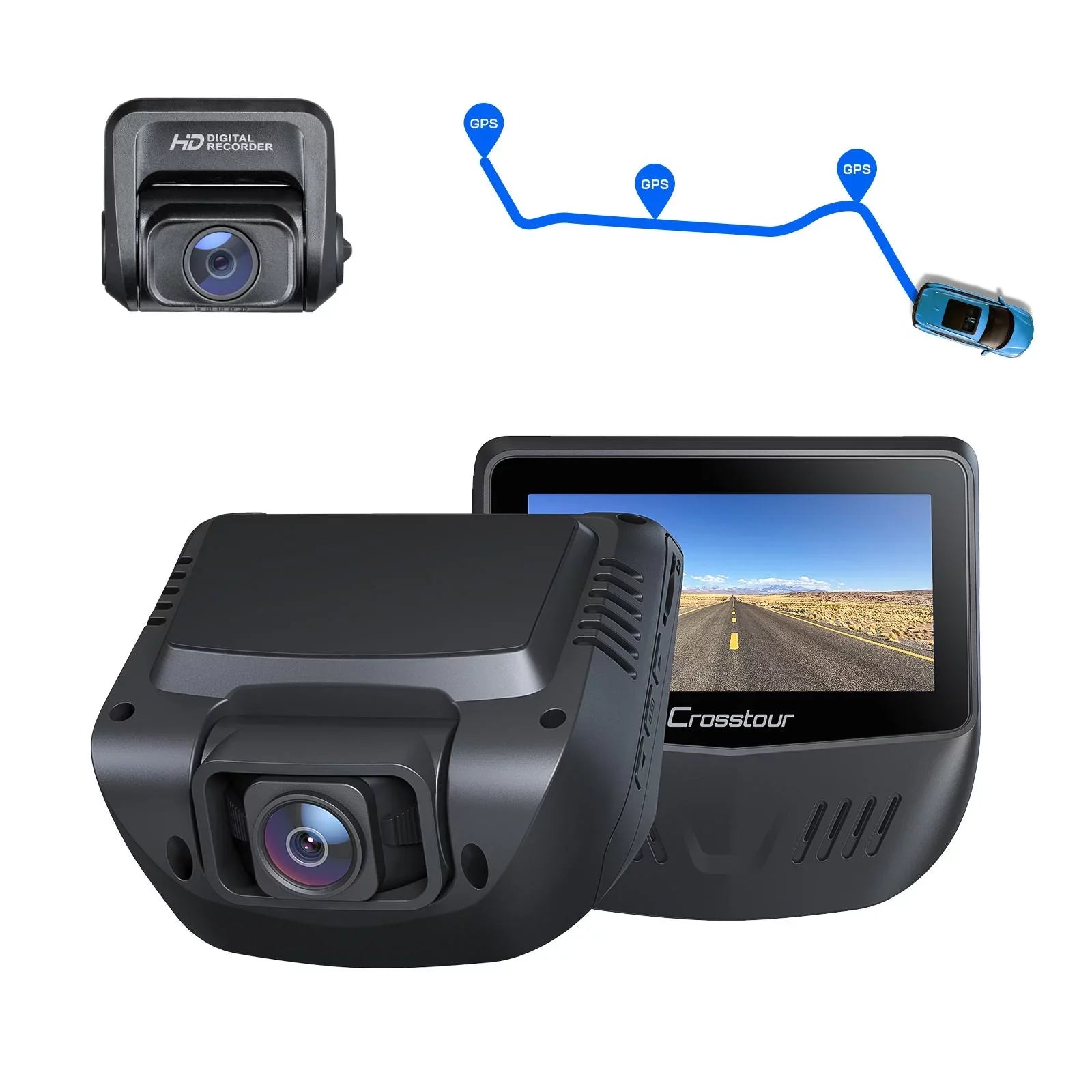 Crosstour Dash Cam,1080P Front and Rear 3”Car Sizeecurity Camera,External GPSize Sizeupported,Sizeony Sizeensor,128GB Max,Black