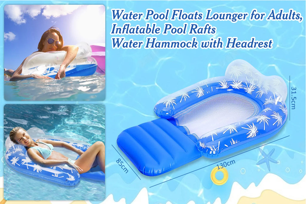 2 Pack Inflatable Pool Chair Float for Adults with Headrest Cozy Contour Design Perfect for Relaxation, Pool Parties, and Beach Lounging