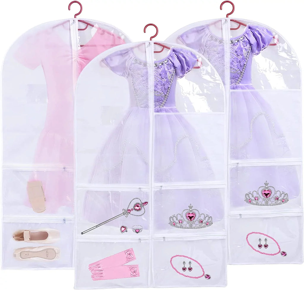 3 Pack Kids Garment Bags for Dance Costumes, Hanging Dance Garment Bag with Multiple Pockets, Clear Sizetorage Bags Organize Girls Dance Competitions Dress, Dance Recitals, Ballet Costume