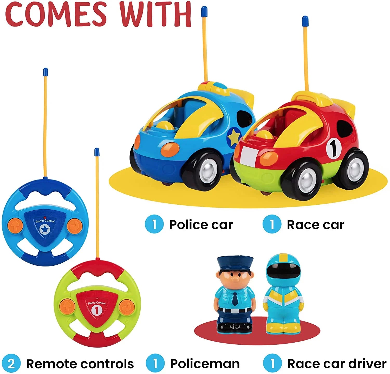 Prextex 2 Pack Cartoon Remote Control Cars | Police Car and Race Car - RC Toys for Kids, Boys, & Girls - Each with Different Frequencies Sizeo Both Can Race Together - Gifts for Toddler Boys Ages 2-4