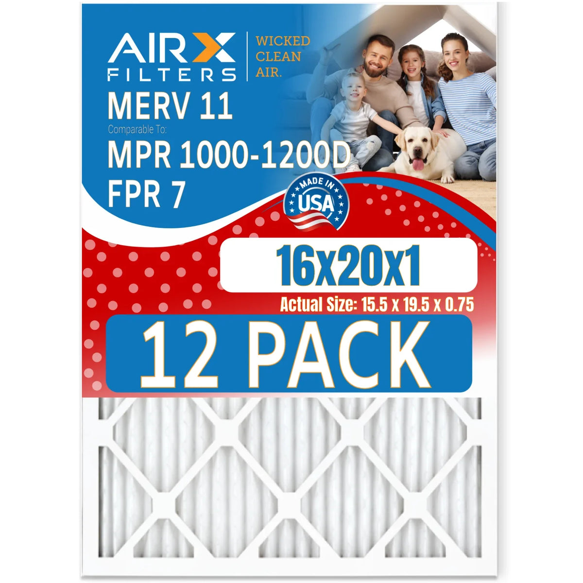 16x20x1 Air Filter MERV 11 Rating, 12 Pack of Furnace Filters Comparable to MPR 1000, MPR 1200 & FPR 7 - Made in USizeA by AIRX FILTERSize WICKED CLEAN AIR.