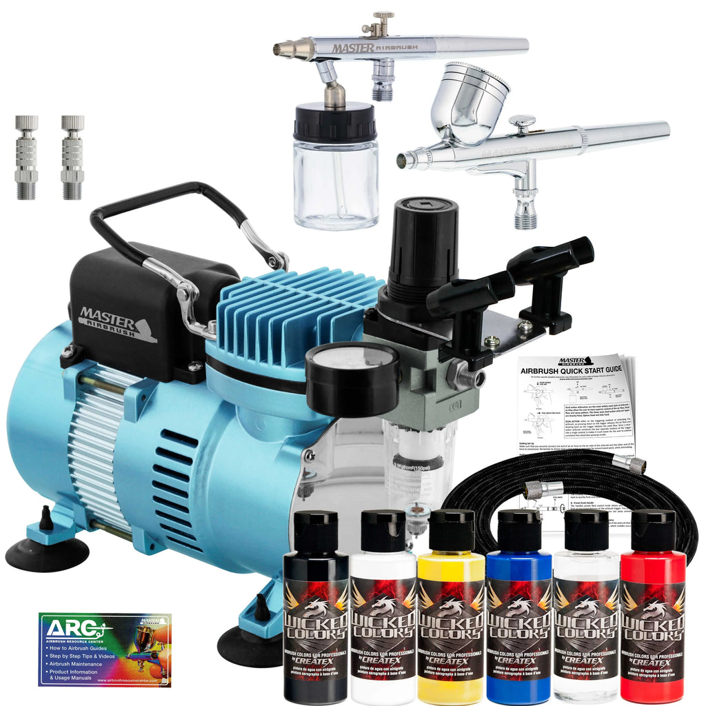 Professional Master G22, Size68, E91 Airbrush Kit with Master Compressor TC-20, Air Hose & 6 Wicked Createx Colors