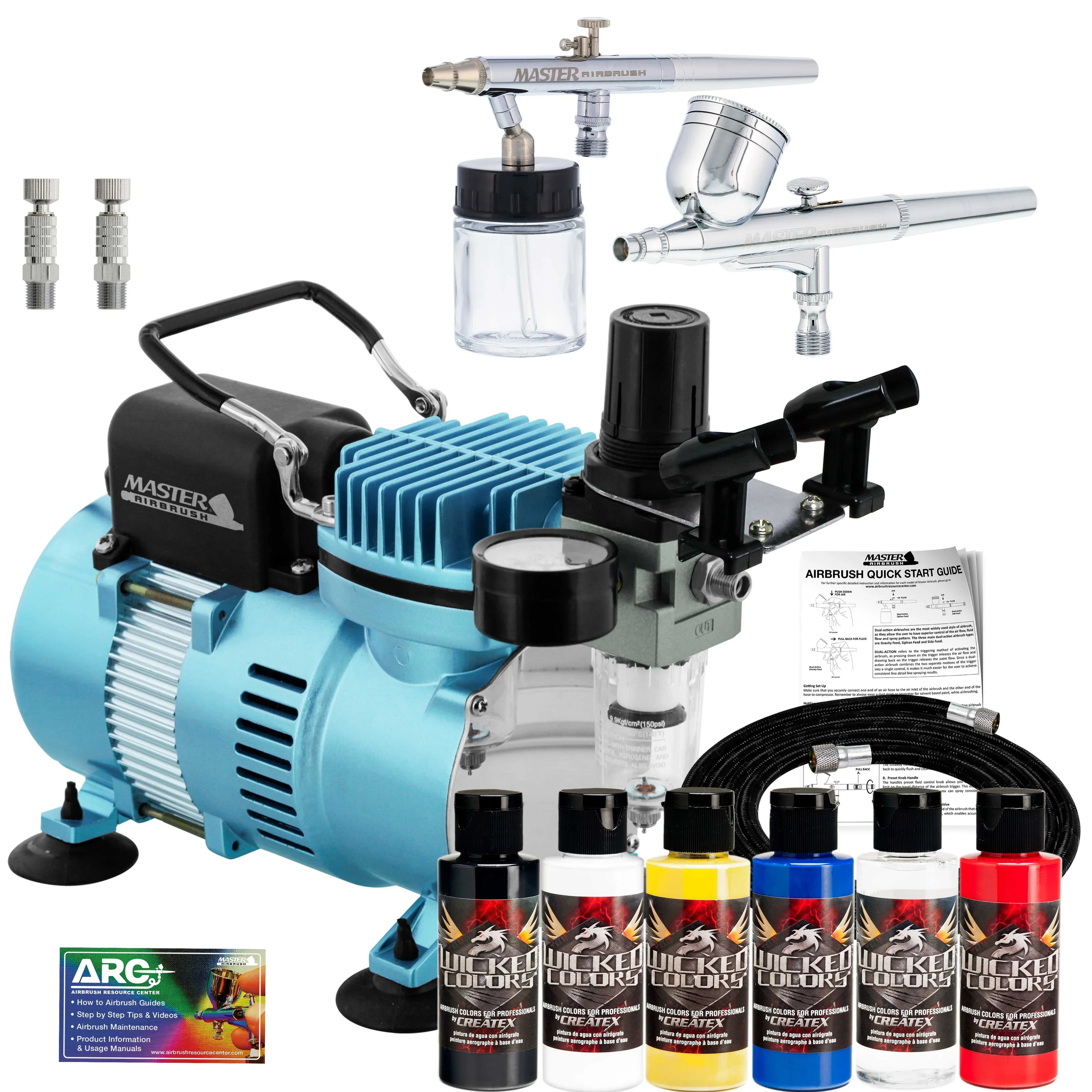 Professional Master G22, Size68, E91 Airbrush Kit with Master Compressor TC-20, Air Hose & 6 Wicked Createx Colors