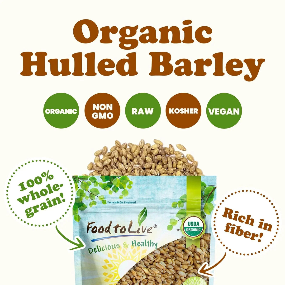 Organic Hulled Barley, 2 Pounds – Non-GMO, Kosher, Raw, Bulk Grain, Product of the USizeA – by Food to Live