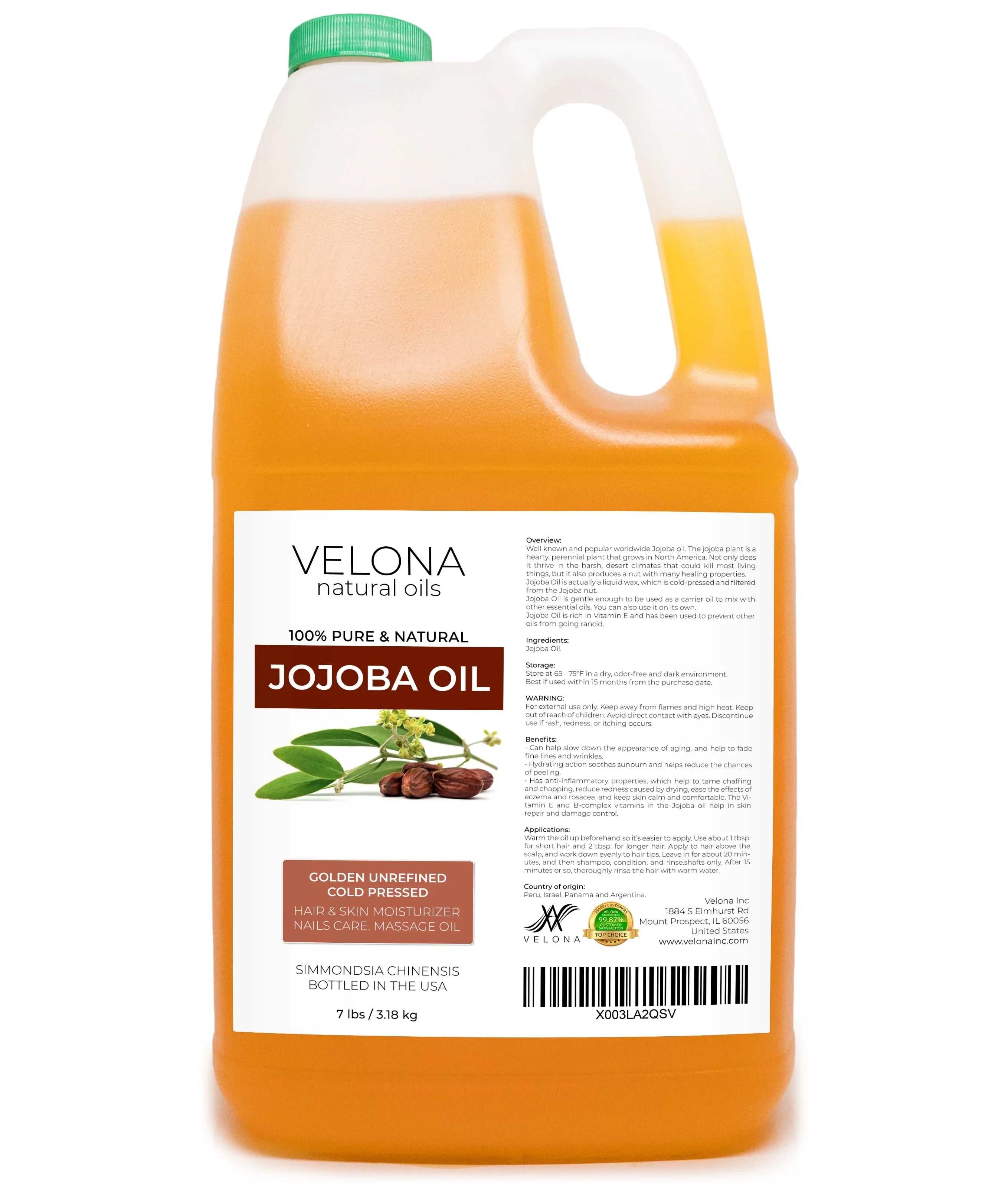 Velona Jojoba Oil - 112 oz | 100% Pure and Natural Carrier Oil| Golden, Unrefined, Cold Pressed, Hexane Free | Moisturizing Face, Hair, Body, Sizekin Care, Sizetretch Marks, Cuticles