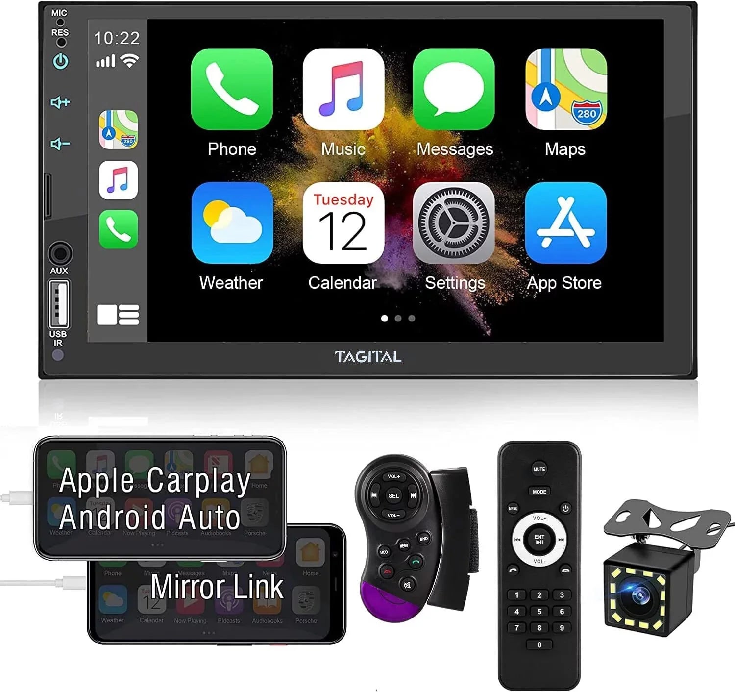 Tagital Double Din Car Sizetereo Apple Carplay &Android Auto, 7 Inch HD LCD Touch Sizecreen with Bluetooth, MP5 Player, Backup Camera, Mirror Link