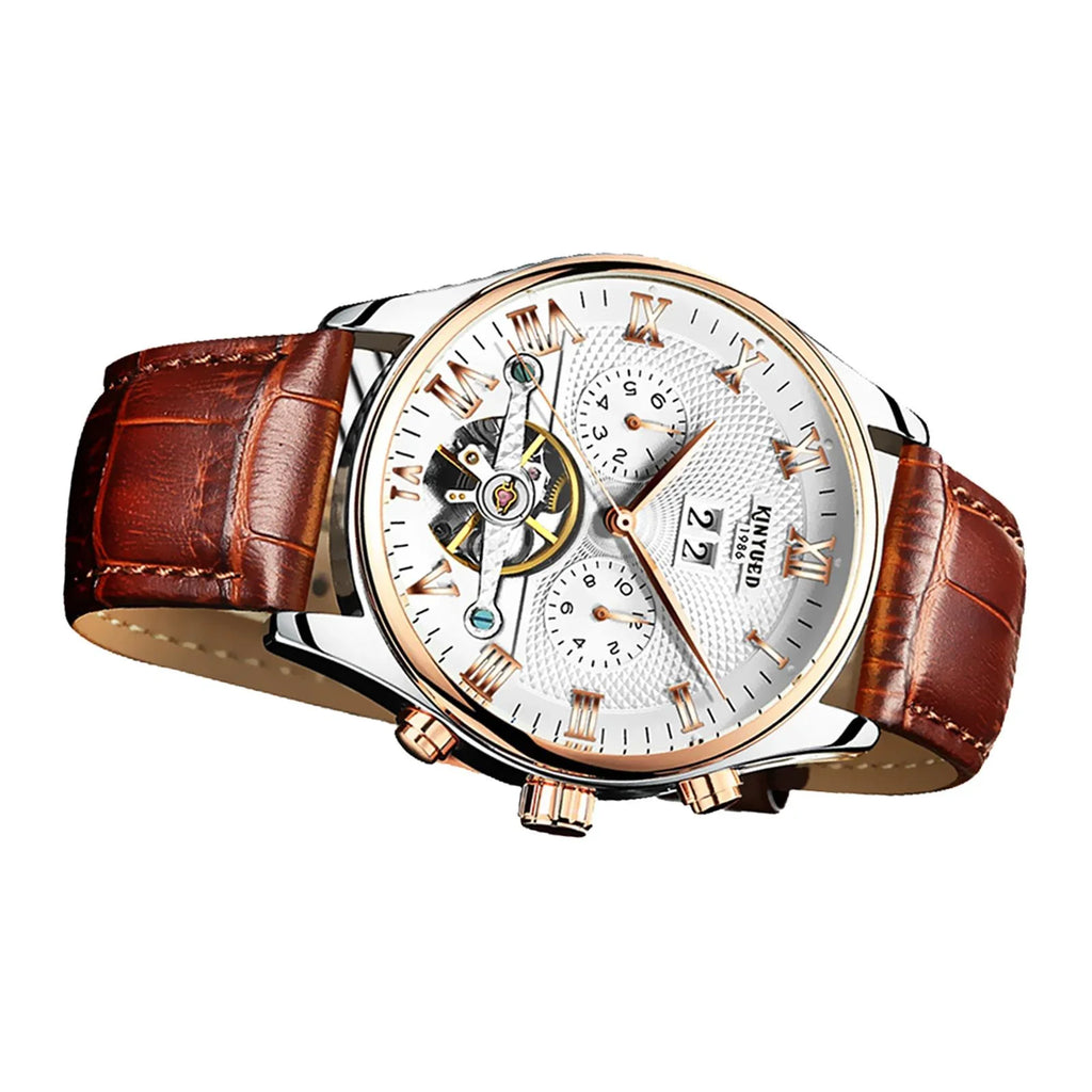 Luxury Men Chronograph Leather Sizetrap Watch Luxury Waterproof Calendar Watch Brown