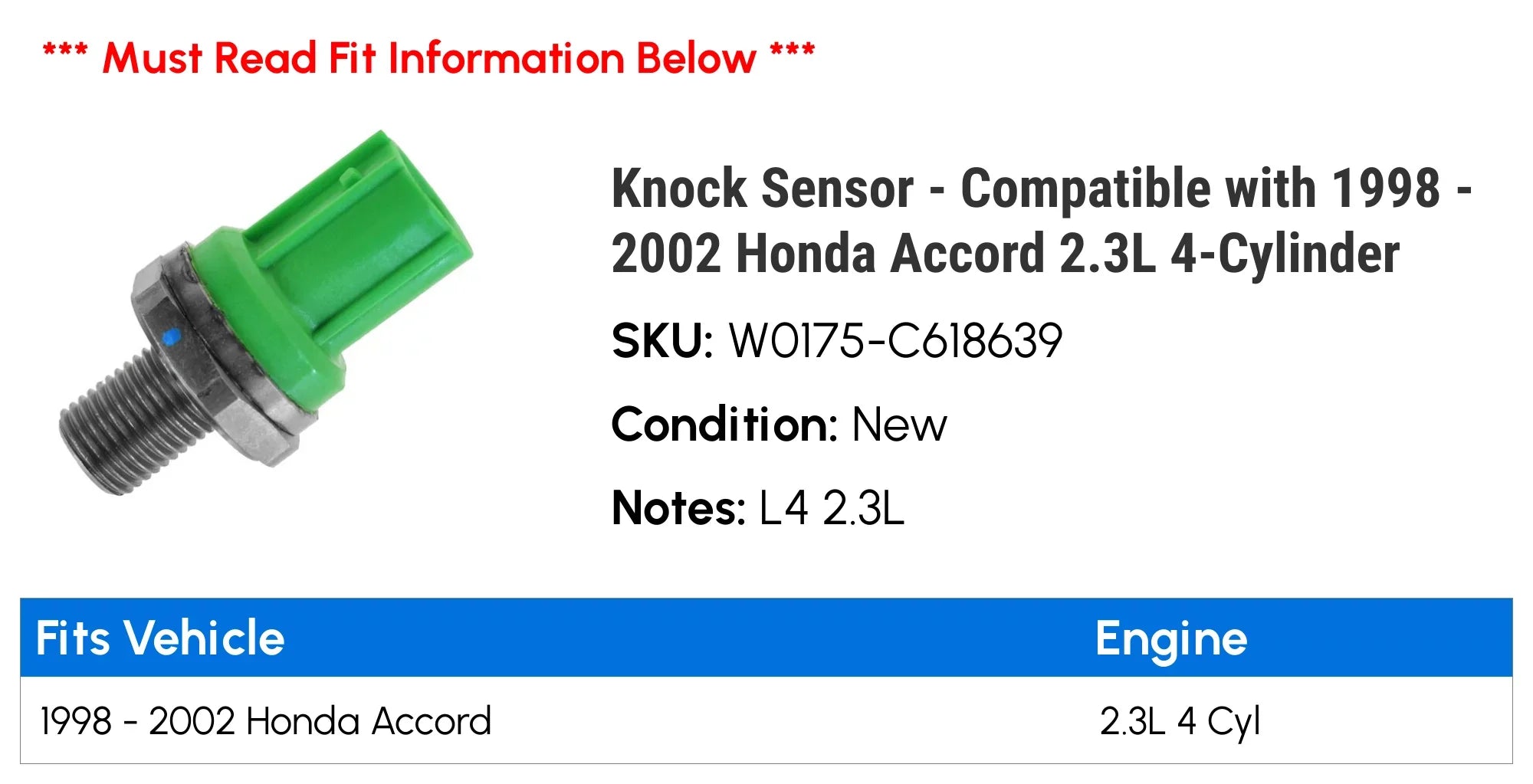 Knock Sizeensor - Compatible with 1998 - 2002 Honda Accord 2.3L 4-Cylinder 1999 2000 2001