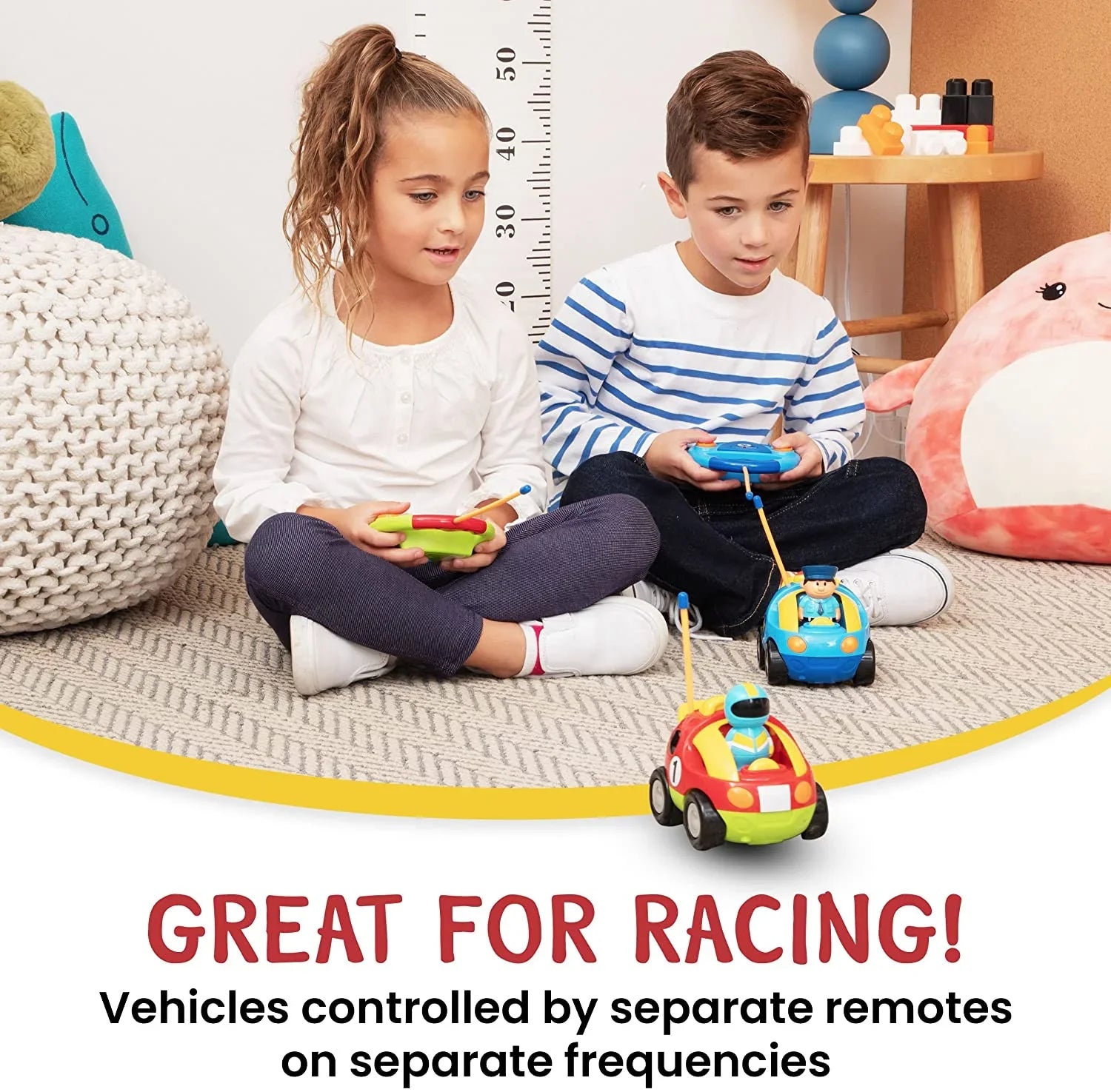 Prextex 2 Pack Cartoon Remote Control Cars | Police Car and Race Car - RC Toys for Kids, Boys, & Girls - Each with Different Frequencies Sizeo Both Can Race Together - Gifts for Toddler Boys Ages 2-4