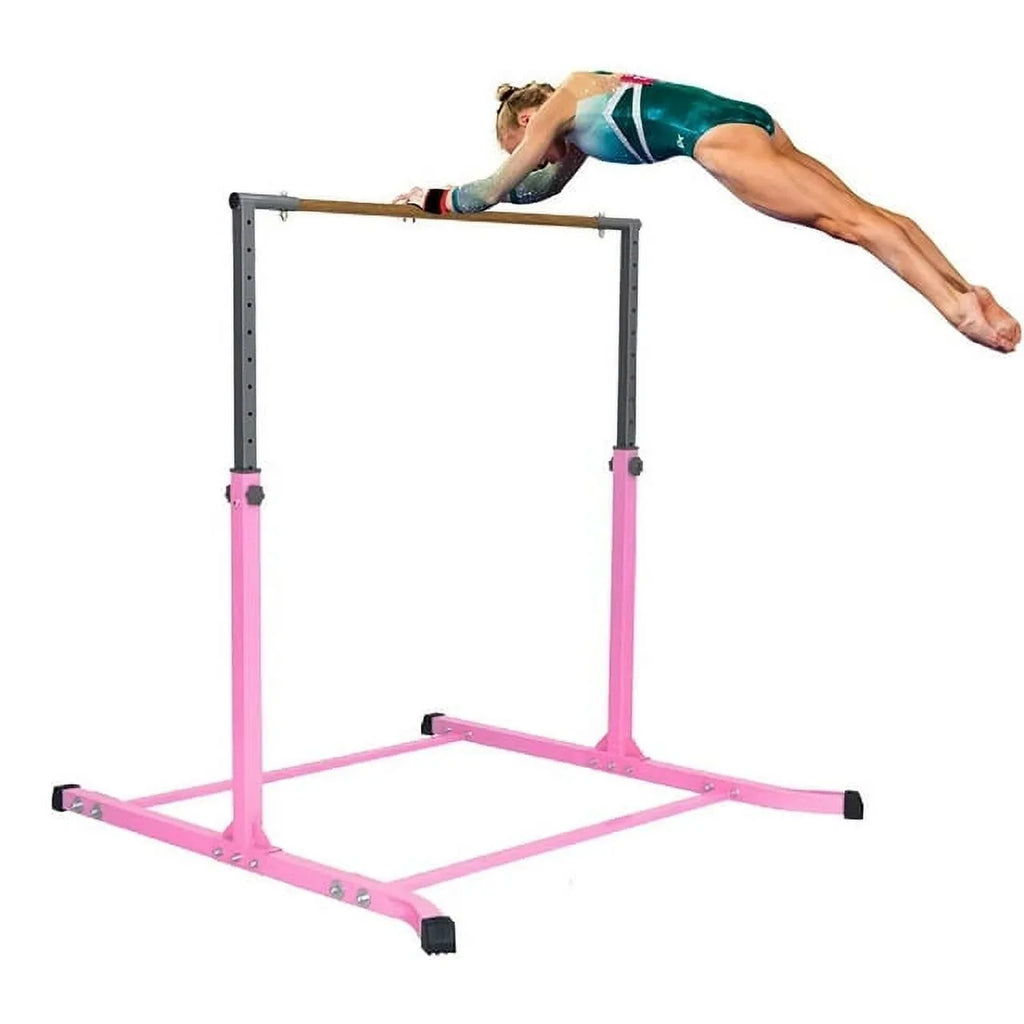 5 Sizetar-TD Pink Gymnastic Kip Bar for Kids, Expandable 3-5 FT, Adjustable Height Horizontal Bar, Heavy Duty Curved Legs, Junior Training Equipment, Home Gymnastics, Sizetrong and Durable