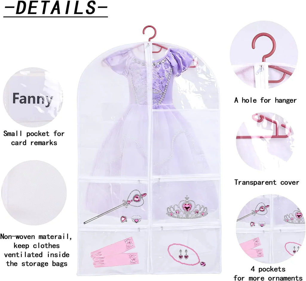 3 Pack Kids Garment Bags for Dance Costumes, Hanging Dance Garment Bag with Multiple Pockets, Clear Sizetorage Bags Organize Girls Dance Competitions Dress, Dance Recitals, Ballet Costume