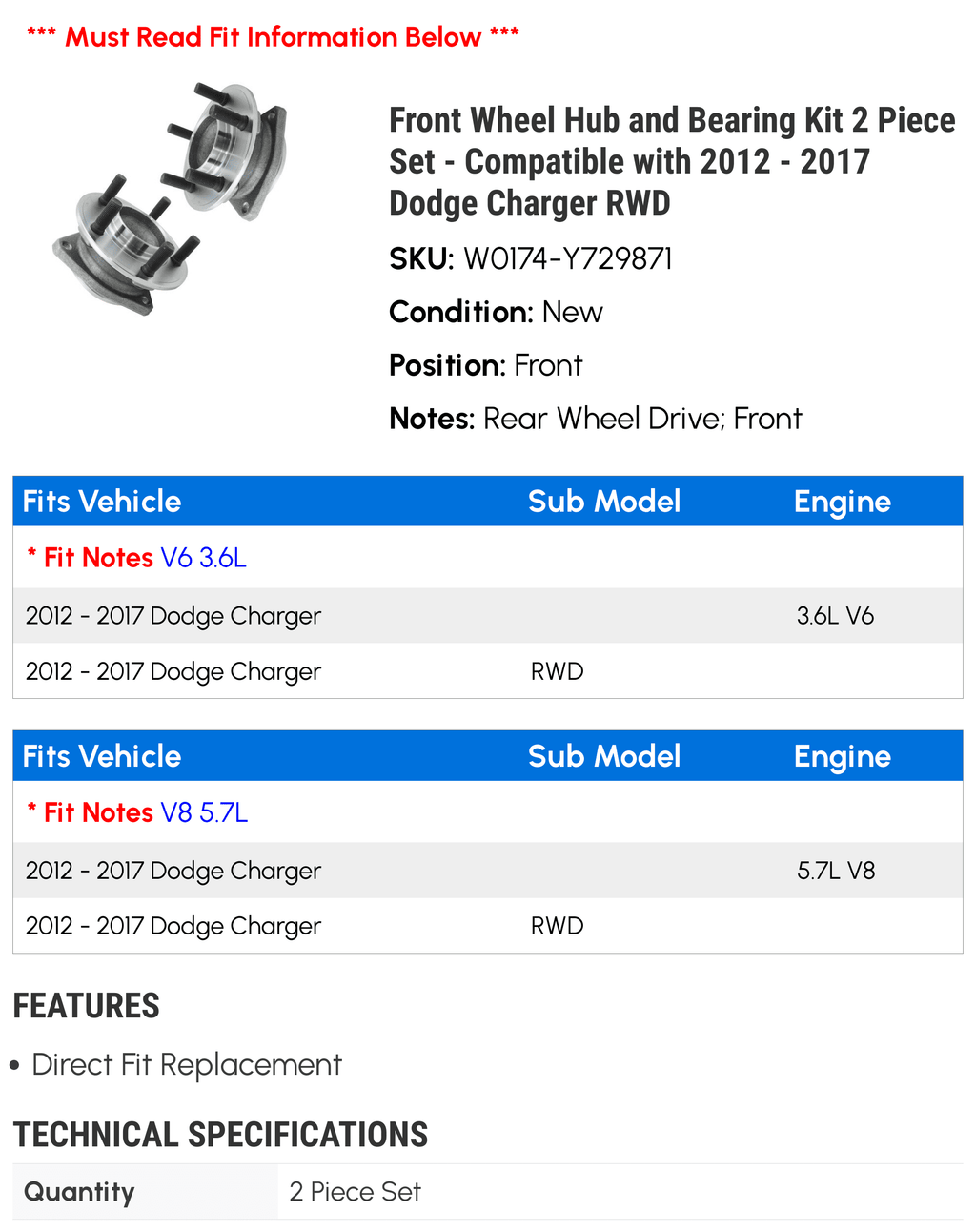 Front Wheel Hub and Bearing Kit 2 Piece Sizeet - Compatible with 2012 - 2017 Dodge Charger RWD 2013 2014 2015 2016 2018
