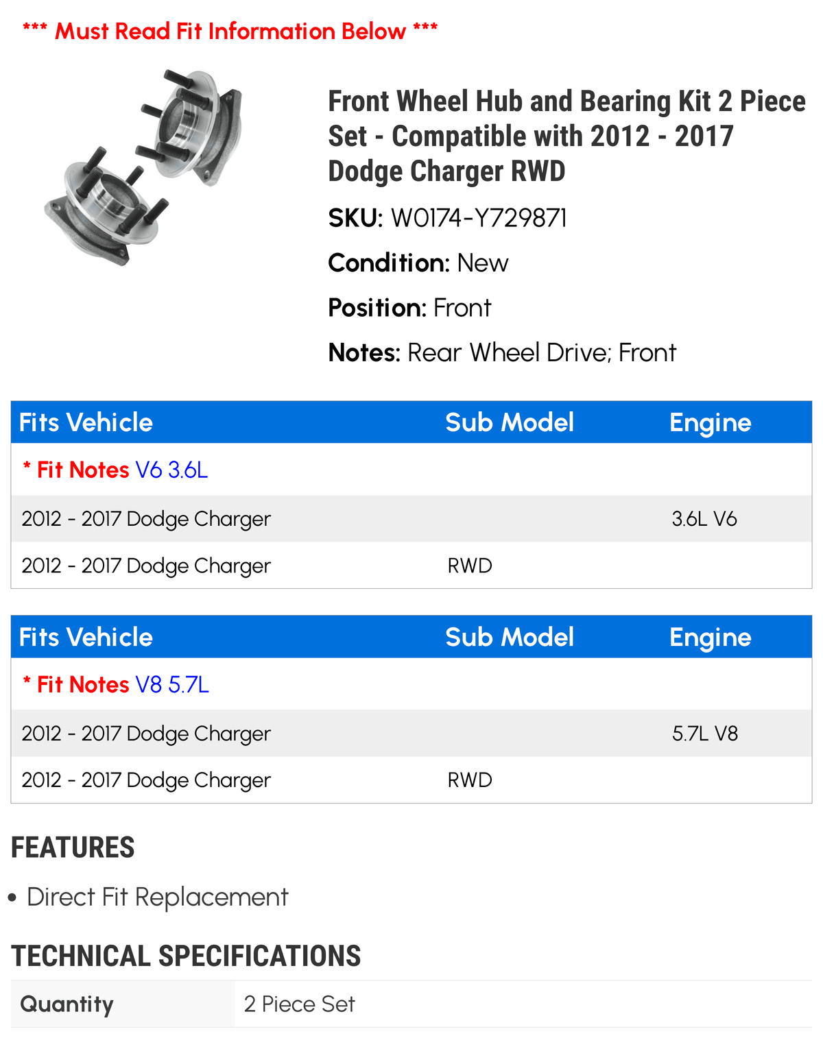 Front Wheel Hub and Bearing Kit 2 Piece Sizeet - Compatible with 2012 - 2017 Dodge Charger RWD 2013 2014 2015 2016 2018