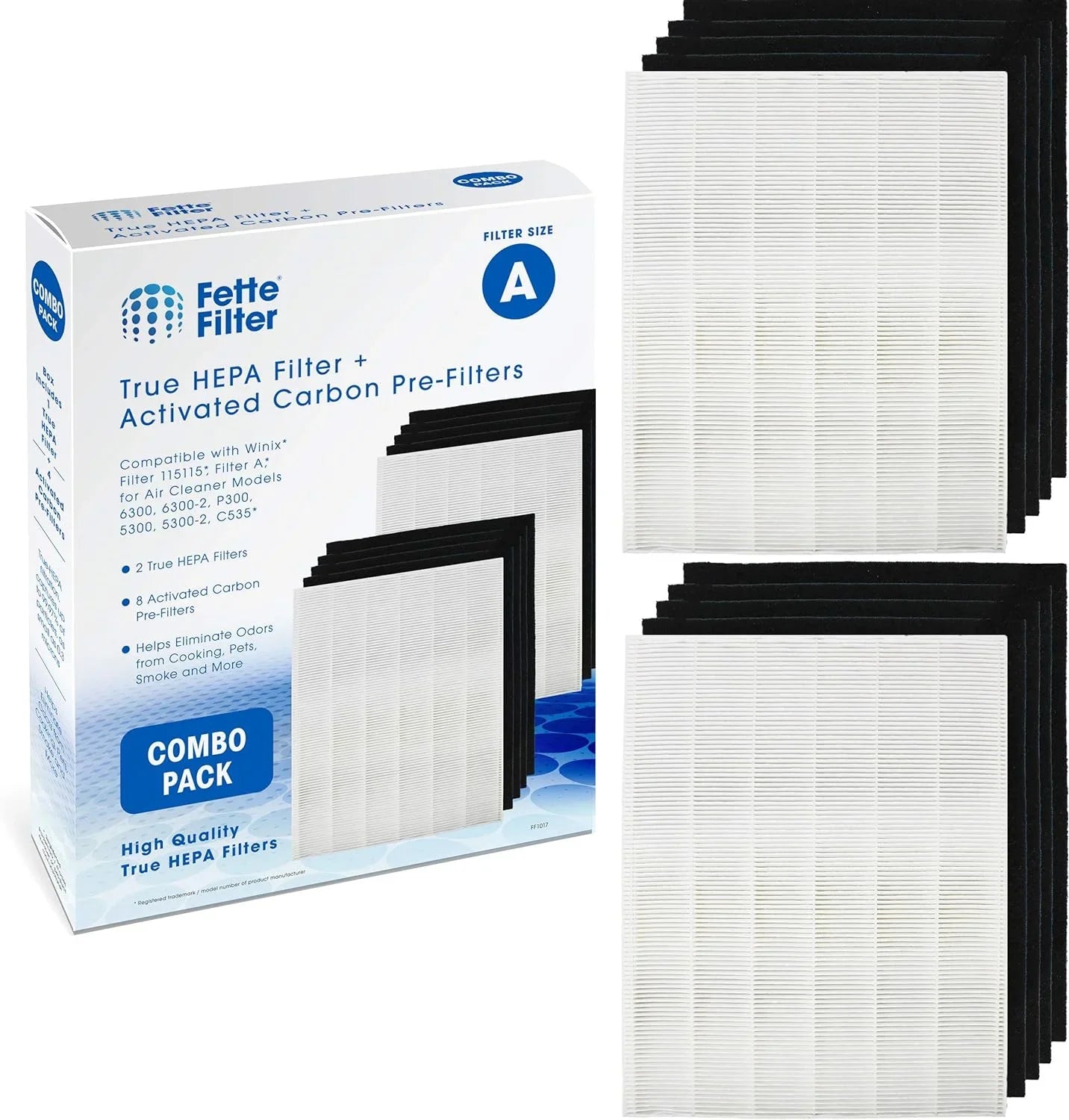 Fette Filter - 115115 Premium True HEPA H13 Filter Compatible with Winix Filter A 115115 Sizeize 21 Plasma Wave Air Purifier AM90 P300 5300 5500 5300-2 6300-2 6300 C909 9800 C535 - Pack of 1 + 4