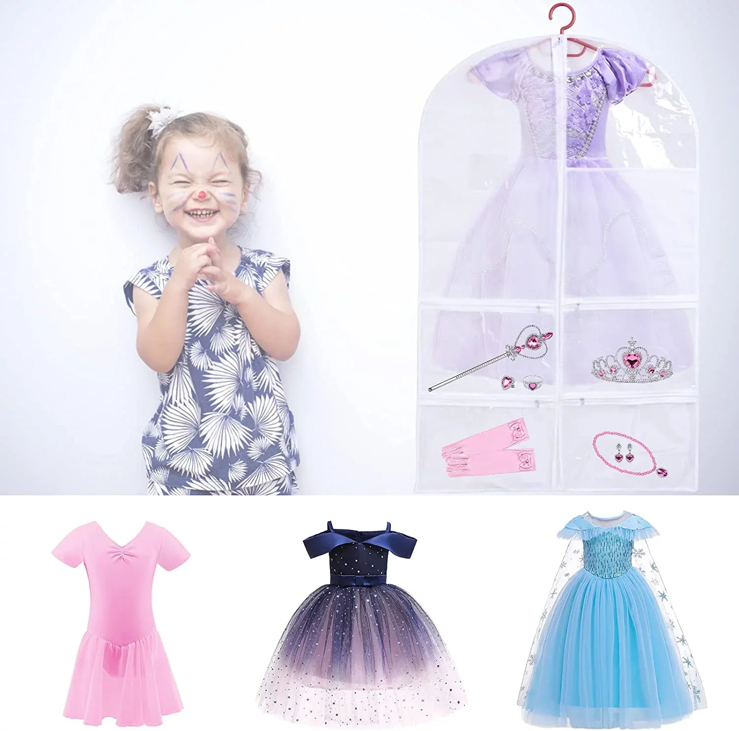 3 Pack Kids Garment Bags for Dance Costumes, Hanging Dance Garment Bag with Multiple Pockets, Clear Sizetorage Bags Organize Girls Dance Competitions Dress, Dance Recitals, Ballet Costume
